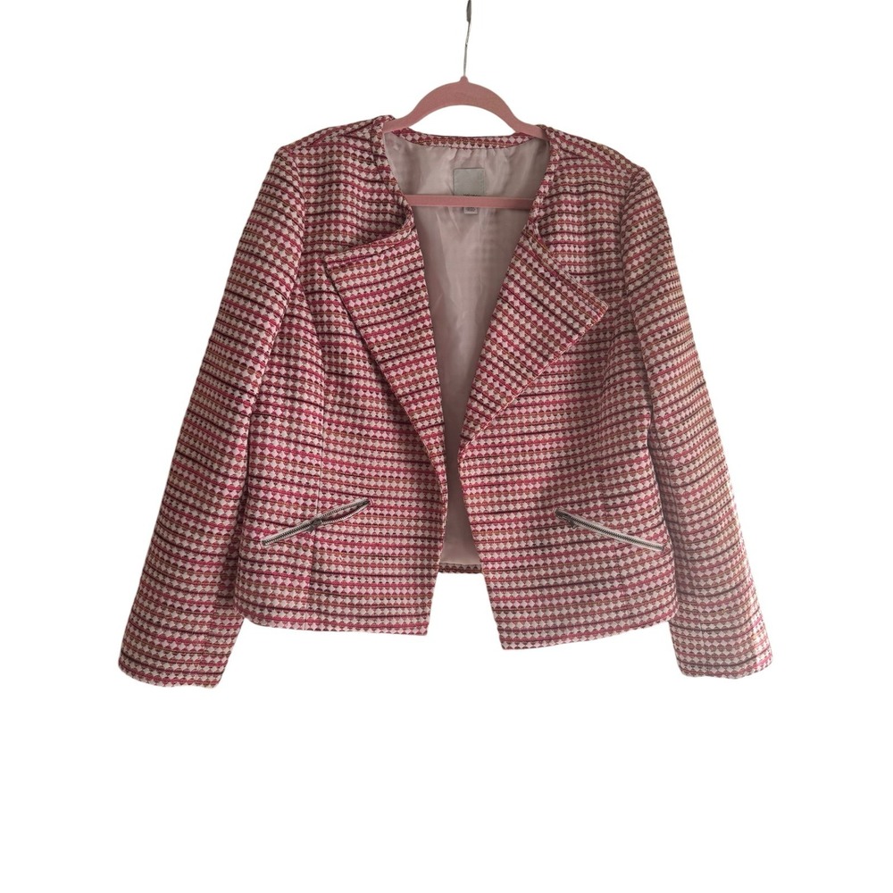 Halogen shawl collar open front blazer, pink & white, size XL